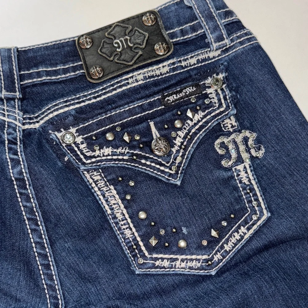 MISS ME Dark Indigo Easy Boot Cut‎ Jeans 29 Bedazzled Dark Blue Denim Rhinestone